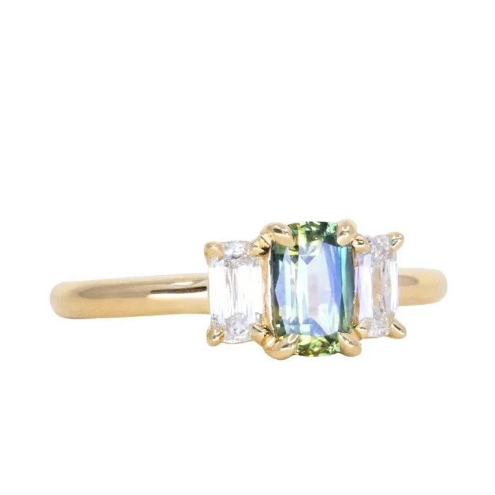 087ct Modern Elongated Cushion Australian Sapphire and Matching Diamond Three Stone Low Profile Ring in 18k Yellow Gold Armfest sapphires Rings