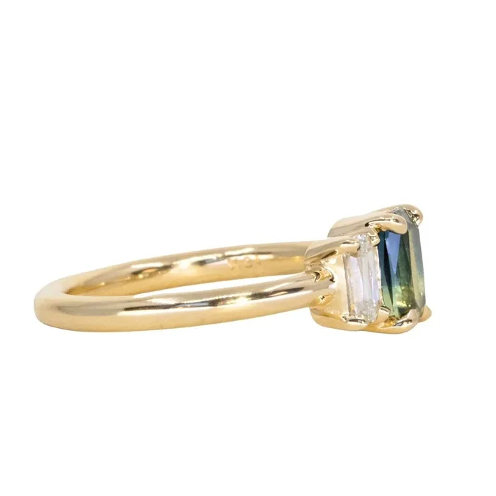 087ct Modern Elongated Cushion Australian Sapphire and Matching Diamond Three Stone Low Profile Ring in 18k Yellow Gold Armfest sapphires Rings