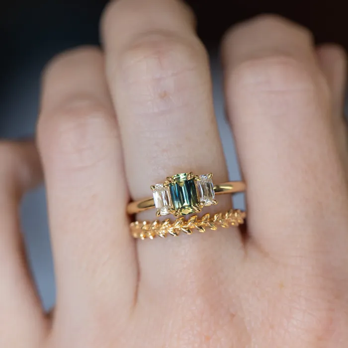 087ct Modern Elongated Cushion Australian Sapphire and Matching Diamond Three Stone Low Profile Ring in 18k Yellow Gold Armfest sapphires Rings