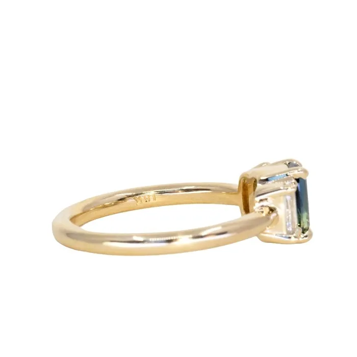 087ct Modern Elongated Cushion Australian Sapphire and Matching Diamond Three Stone Low Profile Ring in 18k Yellow Gold Armfest sapphires Rings