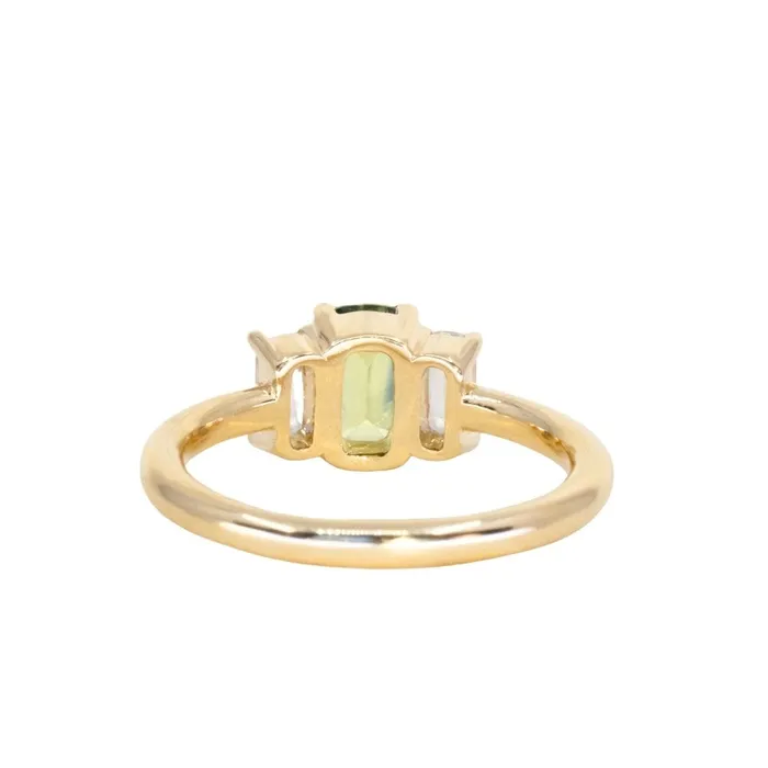 087ct Modern Elongated Cushion Australian Sapphire and Matching Diamond Three Stone Low Profile Ring in 18k Yellow Gold Armfest sapphires Rings