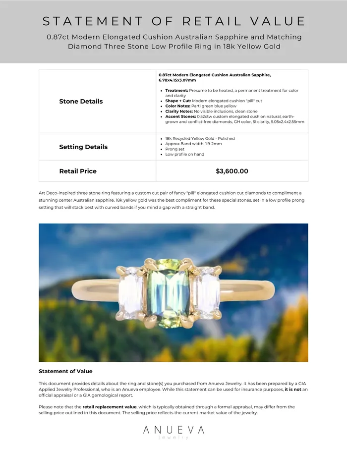 087ct Modern Elongated Cushion Australian Sapphire and Matching Diamond Three Stone Low Profile Ring in 18k Yellow Gold Armfest sapphires Rings