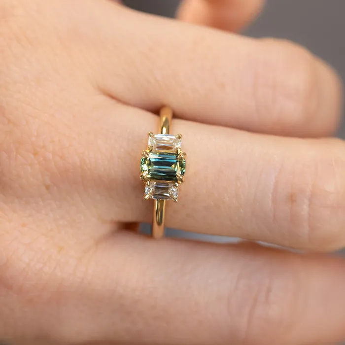 087ct Modern Elongated Cushion Australian Sapphire and Matching Diamond Three Stone Low Profile Ring in 18k Yellow Gold Armfest sapphires Rings