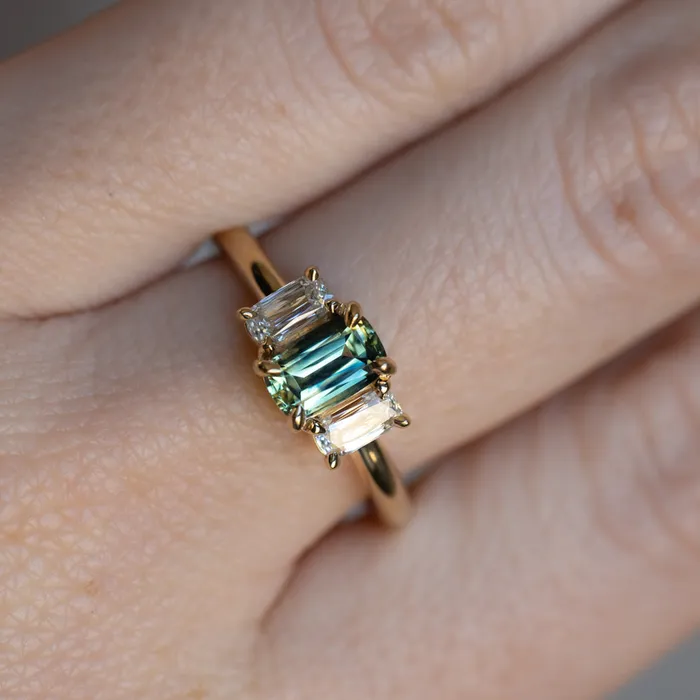 087ct Modern Elongated Cushion Australian Sapphire and Matching Diamond Three Stone Low Profile Ring in 18k Yellow Gold Armfest sapphires Rings