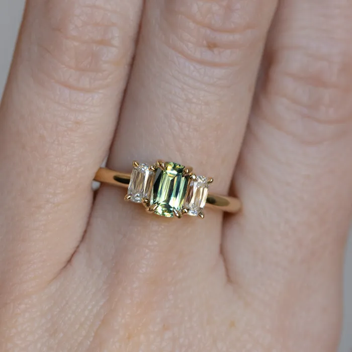 087ct Modern Elongated Cushion Australian Sapphire and Matching Diamond Three Stone Low Profile Ring in 18k Yellow Gold Armfest sapphires Rings