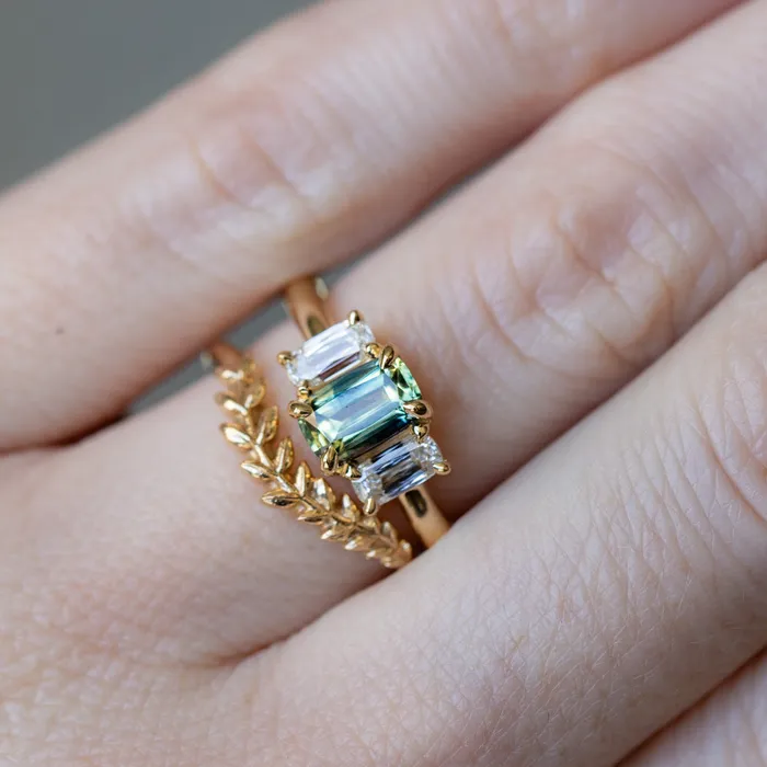 087ct Modern Elongated Cushion Australian Sapphire and Matching Diamond Three Stone Low Profile Ring in 18k Yellow Gold Armfest sapphires Rings