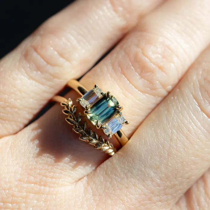 087ct Modern Elongated Cushion Australian Sapphire and Matching Diamond Three Stone Low Profile Ring in 18k Yellow Gold Armfest sapphires Rings