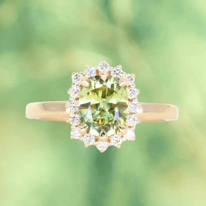 164ct Elongated Cushion Cut Green Montana Sapphire AntiqueStyle Diamond Halo Ring in 14k Green Gold Brume Rings