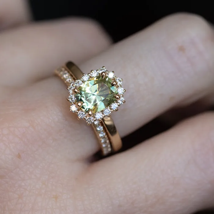 164ct Elongated Cushion Cut Green Montana Sapphire AntiqueStyle Diamond Halo Ring in 14k Green Gold Brume Rings