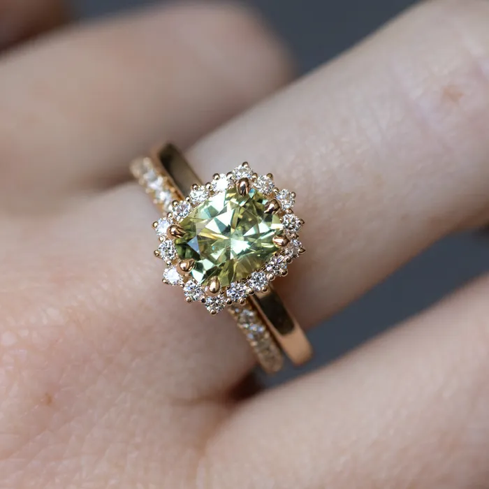 164ct Elongated Cushion Cut Green Montana Sapphire AntiqueStyle Diamond Halo Ring in 14k Green Gold Brume Rings