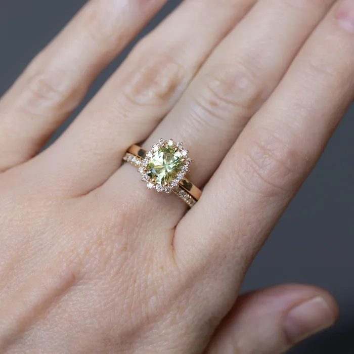 164ct Elongated Cushion Cut Green Montana Sapphire AntiqueStyle Diamond Halo Ring in 14k Green Gold Brume Rings