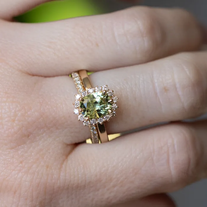 164ct Elongated Cushion Cut Green Montana Sapphire AntiqueStyle Diamond Halo Ring in 14k Green Gold Brume Rings