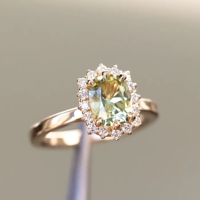 164ct Elongated Cushion Cut Green Montana Sapphire AntiqueStyle Diamond Halo Ring in 14k Green Gold Brume Rings