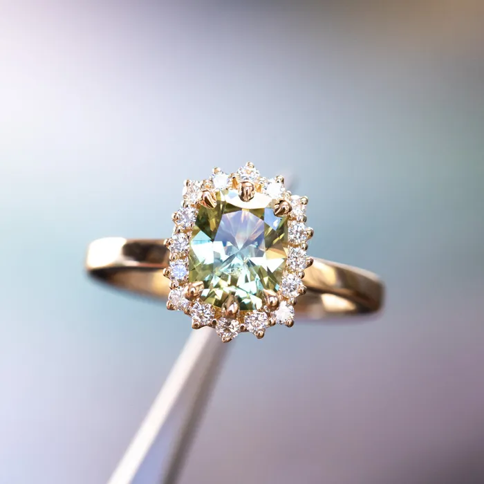 164ct Elongated Cushion Cut Green Montana Sapphire AntiqueStyle Diamond Halo Ring in 14k Green Gold Brume Rings