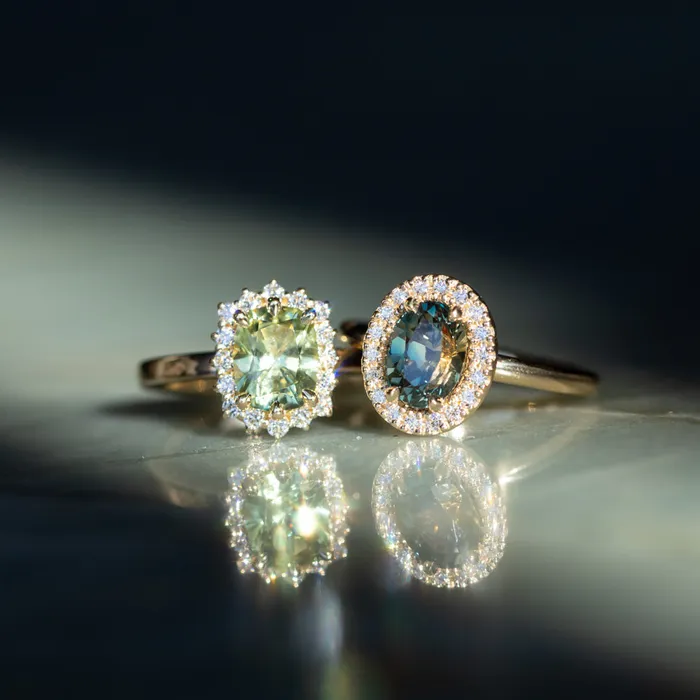 164ct Elongated Cushion Cut Green Montana Sapphire AntiqueStyle Diamond Halo Ring in 14k Green Gold Brume Rings
