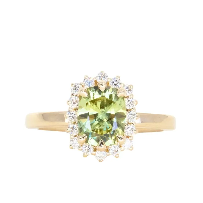 164ct Elongated Cushion Cut Green Montana Sapphire AntiqueStyle Diamond Halo Ring in 14k Green Gold Brume Rings