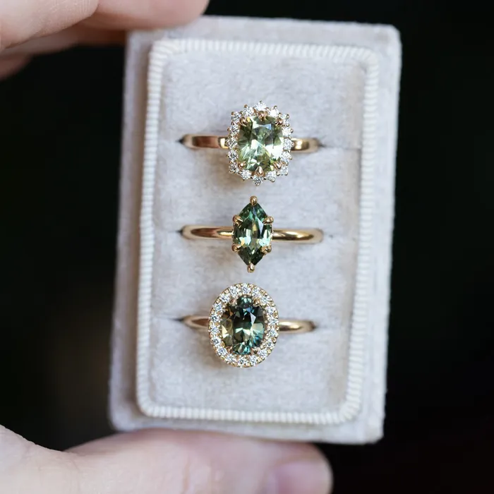 164ct Elongated Cushion Cut Green Montana Sapphire AntiqueStyle Diamond Halo Ring in 14k Green Gold Brume Rings