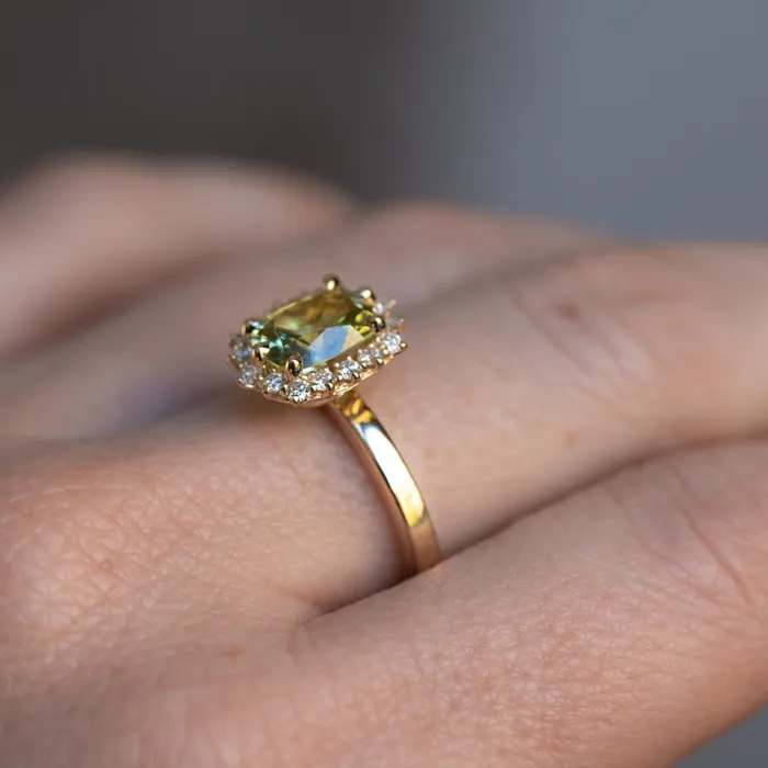 164ct Elongated Cushion Cut Green Montana Sapphire AntiqueStyle Diamond Halo Ring in 14k Green Gold Brume Rings