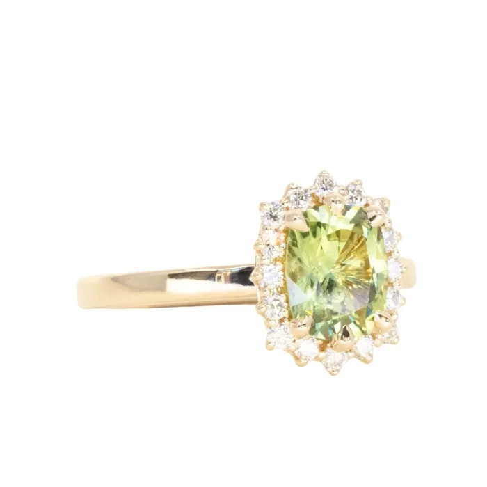 164ct Elongated Cushion Cut Green Montana Sapphire AntiqueStyle Diamond Halo Ring in 14k Green Gold Brume Rings