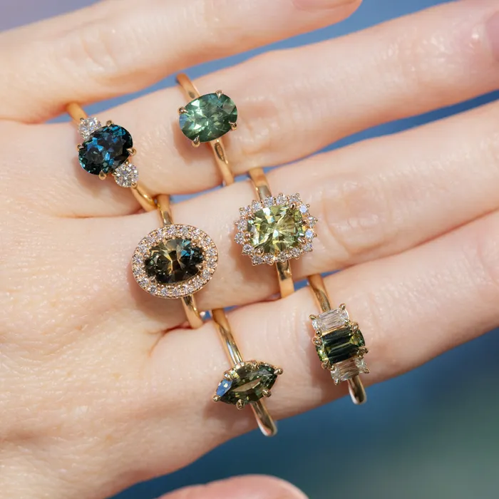 164ct Elongated Cushion Cut Green Montana Sapphire AntiqueStyle Diamond Halo Ring in 14k Green Gold Brume Rings