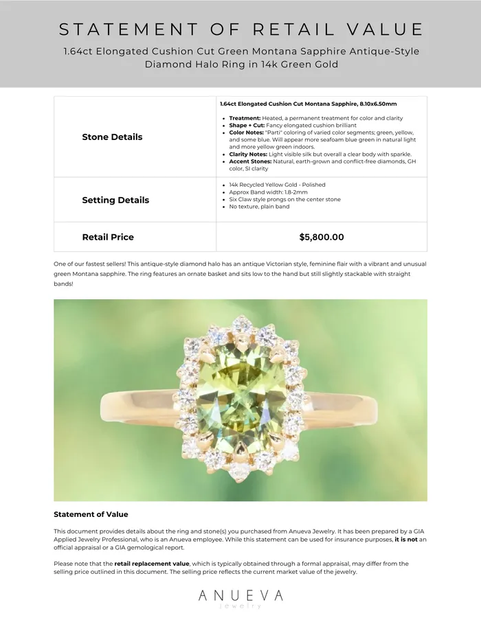 164ct Elongated Cushion Cut Green Montana Sapphire AntiqueStyle Diamond Halo Ring in 14k Green Gold Brume Rings