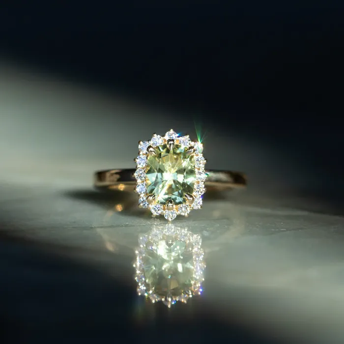 164ct Elongated Cushion Cut Green Montana Sapphire AntiqueStyle Diamond Halo Ring in 14k Green Gold Brume Rings