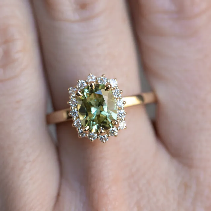 164ct Elongated Cushion Cut Green Montana Sapphire AntiqueStyle Diamond Halo Ring in 14k Green Gold Brume Rings