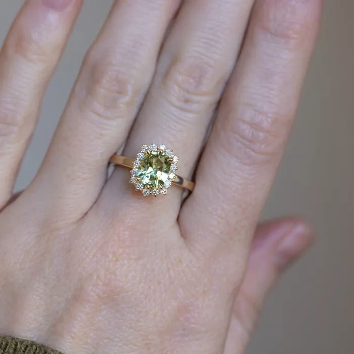 164ct Elongated Cushion Cut Green Montana Sapphire AntiqueStyle Diamond Halo Ring in 14k Green Gold Brume Rings