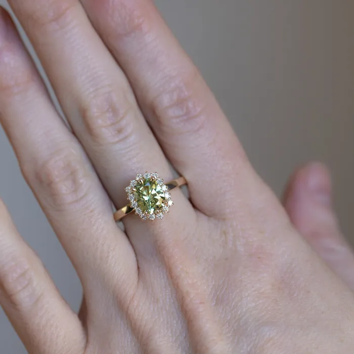 164ct Elongated Cushion Cut Green Montana Sapphire AntiqueStyle Diamond Halo Ring in 14k Green Gold Brume Rings