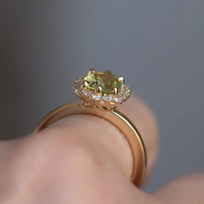 164ct Elongated Cushion Cut Green Montana Sapphire AntiqueStyle Diamond Halo Ring in 14k Green Gold Brume Rings