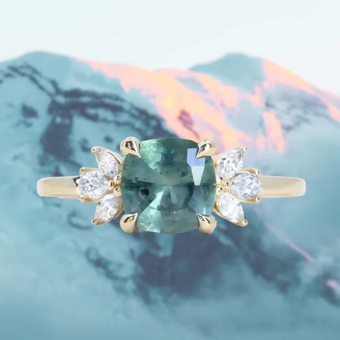 165ct Silky Untreated Cushion Cut Montana Sapphire and Lab Grown Marquise Diamond Cluster Ring in 14k Yellow Gold Anueva Jewelry Rings 165ct Silky Untreated Cushion Cut Montana Sapphire and Lab Grown Marquise Diamond Cluster Ring in 14k Yellow Gold Anueva Jewelry Rings