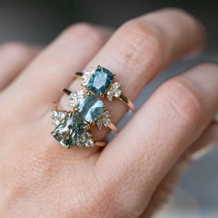 165ct Silky Untreated Cushion Cut Montana Sapphire and Lab Grown Marquise Diamond Cluster Ring in 14k Yellow Gold Anueva Jewelry Rings