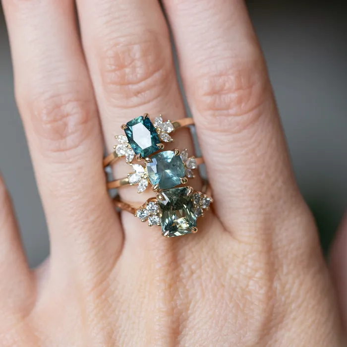 165ct Silky Untreated Cushion Cut Montana Sapphire and Lab Grown Marquise Diamond Cluster Ring in 14k Yellow Gold Anueva Jewelry Rings