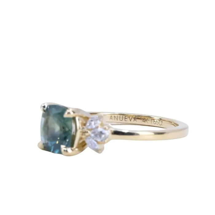 165ct Silky Untreated Cushion Cut Montana Sapphire and Lab Grown Marquise Diamond Cluster Ring in 14k Yellow Gold Anueva Jewelry Rings