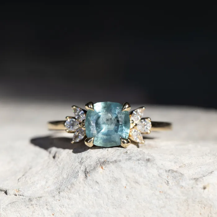 165ct Silky Untreated Cushion Cut Montana Sapphire and Lab Grown Marquise Diamond Cluster Ring in 14k Yellow Gold Anueva Jewelry Rings