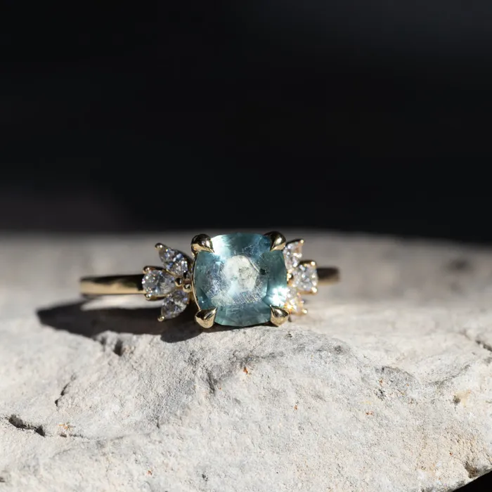 165ct Silky Untreated Cushion Cut Montana Sapphire and Lab Grown Marquise Diamond Cluster Ring in 14k Yellow Gold Anueva Jewelry Rings
