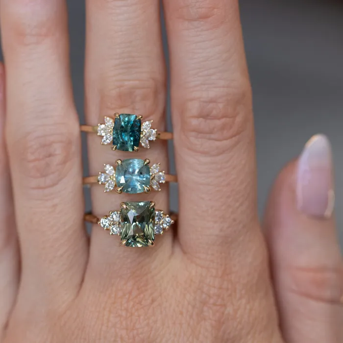 165ct Silky Untreated Cushion Cut Montana Sapphire and Lab Grown Marquise Diamond Cluster Ring in 14k Yellow Gold Anueva Jewelry Rings