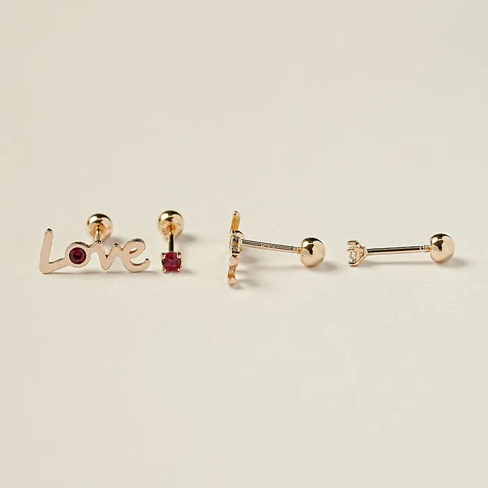 14K Gold Love Cubic Set Cartilage Earring 20G18G16G MinimalBijoux Earrings