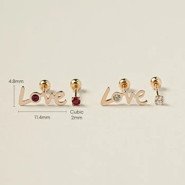 14K Gold Love Cubic Set Cartilage Earring 20G18G16G MinimalBijoux Earrings