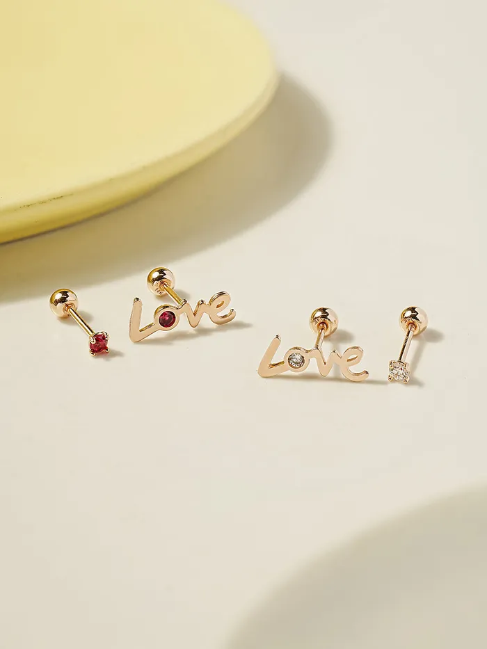 14K Gold Love Cubic Set Cartilage Earring 20G18G16G MinimalBijoux Earrings