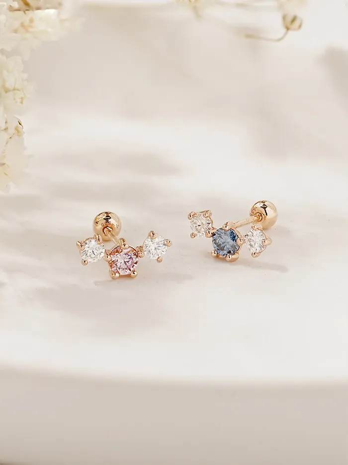 14K Gold Moissanite Triple Color Dia Cartilage Earring 20G18G16G MinimalBijoux Earrings