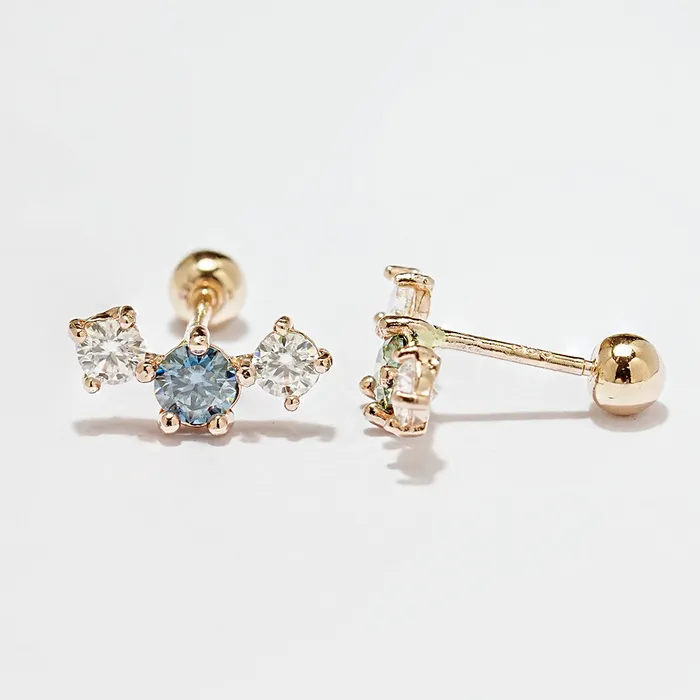 14K Gold Moissanite Triple Color Dia Cartilage Earring 20G18G16G MinimalBijoux Earrings
