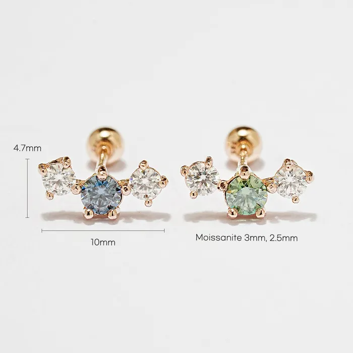 14K Gold Moissanite Triple Color Dia Cartilage Earring 20G18G16G MinimalBijoux Earrings