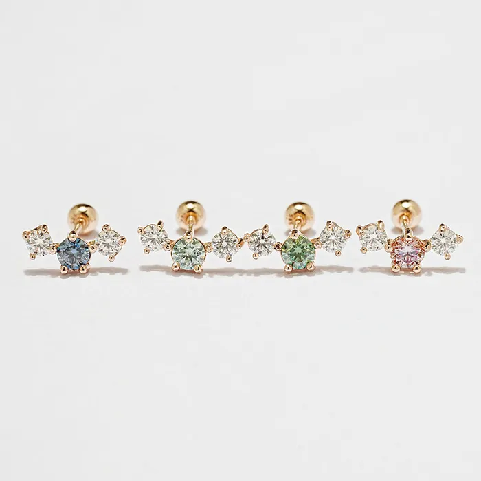 14K Gold Moissanite Triple Color Dia Cartilage Earring 20G18G16G MinimalBijoux Earrings