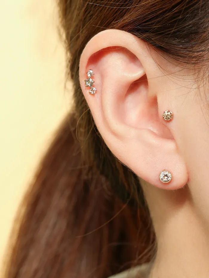 14K Gold Moissanite Triple Color Dia Cartilage Earring 20G18G16G MinimalBijoux Earrings