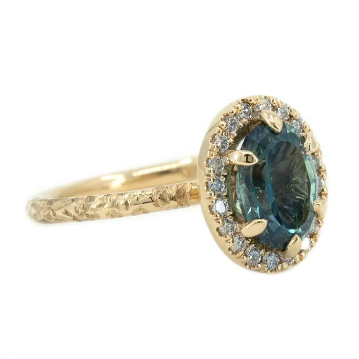 201ct Oval Teal Blue Sapphire and Six Prong Diamond Halo Ring in 14k Yellow Gold Anueva Jewelry Rings