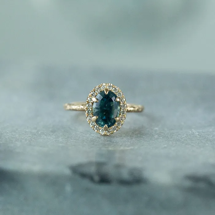 201ct Oval Teal Blue Sapphire and Six Prong Diamond Halo Ring in 14k Yellow Gold Anueva Jewelry Rings
