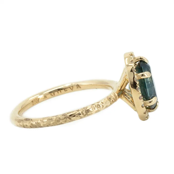 201ct Oval Teal Blue Sapphire and Six Prong Diamond Halo Ring in 14k Yellow Gold Anueva Jewelry Rings