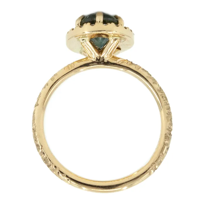201ct Oval Teal Blue Sapphire and Six Prong Diamond Halo Ring in 14k Yellow Gold Anueva Jewelry Rings