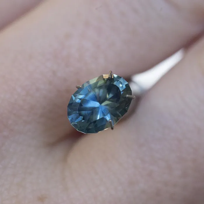 201ct Oval Teal Blue Sapphire and Six Prong Diamond Halo Ring in 14k Yellow Gold Anueva Jewelry Rings
